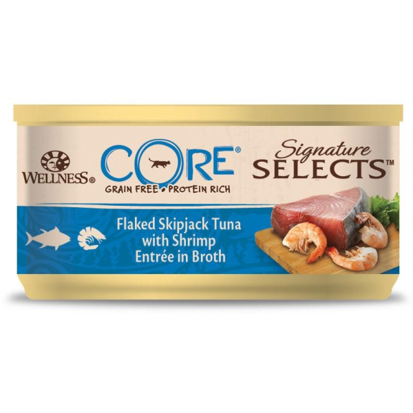 Wellness Core CORE SIGNATURE SELECTS консервы из тунца с креветками в виде кусочков в бульоне для кошек 79 г