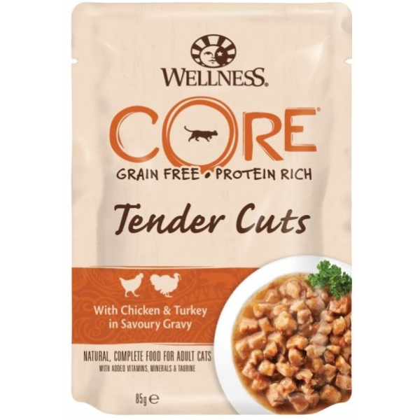 Wellness Core CORE TENDER CUTS паучи из курицы с индейкой в виде нарезки в соусе для кошек 85 г